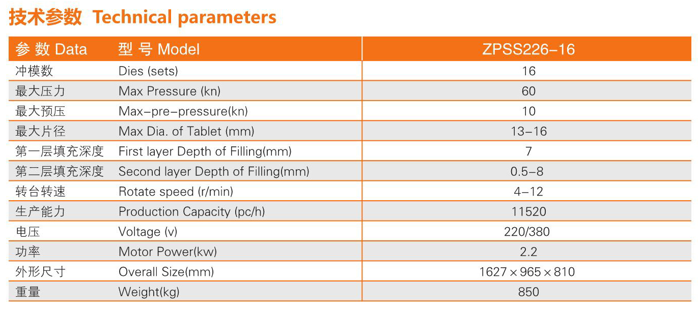 泰博雷特ZPSS226多功能雙色旋轉式壓片機技術參數